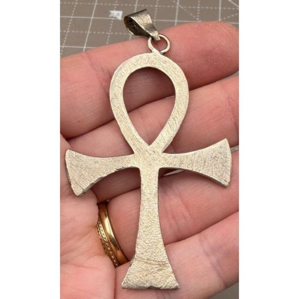 Vintage Sterling Silver Mexico Ankh Cross Pendant 3” Symbol of Life